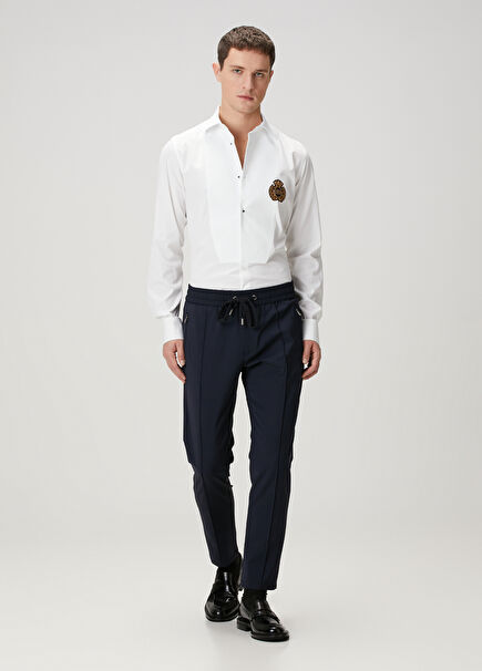 Navy Blue Waist Corded Wool Pants
