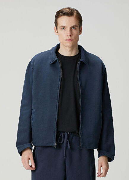 Sherpa-Lined Zip Up Navy Blue Sweatshirt