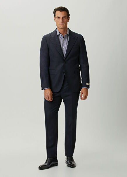 Navy Blue Stripe Patterned Wool Suit