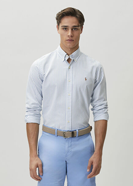 Custom Fit Beyaz Çizgili Gofreli Oxford Gömlek