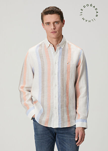 Çok Renkli Çizgili Comfort Fit Keten Gömlek