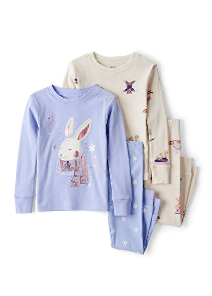 Ekru Desenli Kız Bebek 4'lü Pijama Takımı