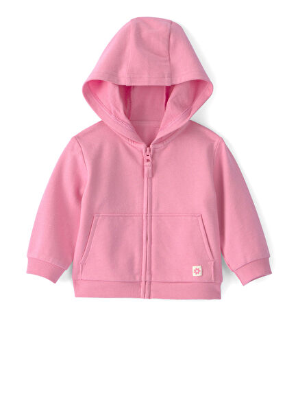 Pembe Kapüşonlu Fermuarlu Kız Bebek Hırka