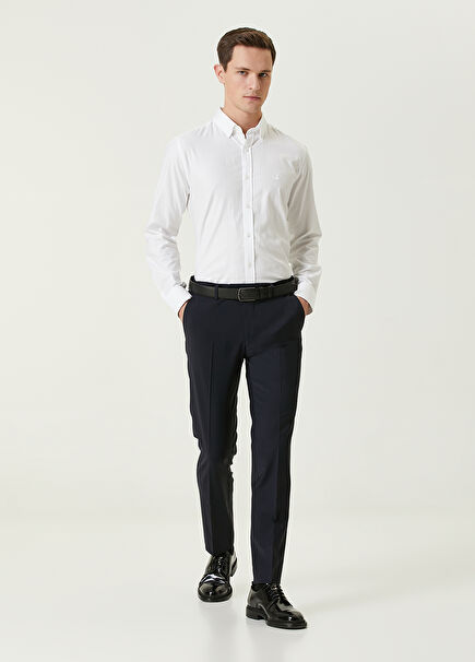 Navy Side Elasticated Classic Wool Trousers
