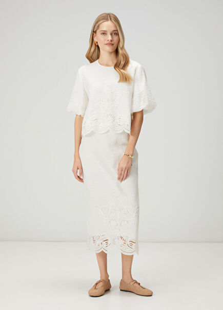 Kırık Beyaz Nakışlı Midi Etek