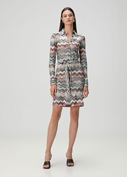 Zikzak Desenli Mini Gömlek Elbise