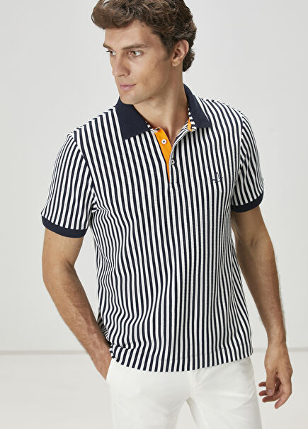 Navy Blue Striped Patterned Polo T-Shirt