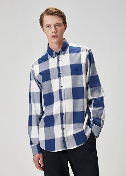 Blue White Plaid Patterned Shirt