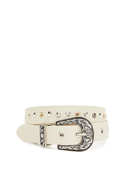 Ekru Kadın Western Deri Kemer