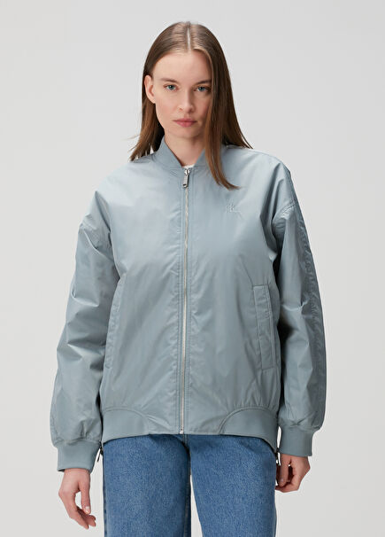 Long Blue Bomber Jacket