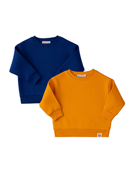 Bisiklet Yaka Şardonlu Uzun Kollu Unisex Çocuk 2'li Sweatshirt