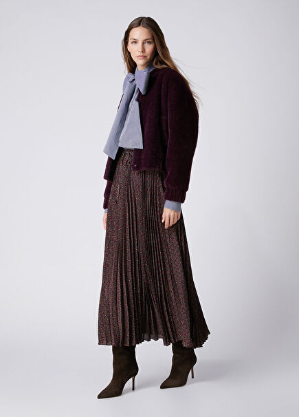 Plum Patterned Pleated Midi Skirt