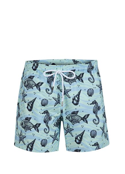 Lue Mavi Balık Desenli Deniz Şortu
