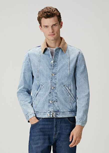 Mavi Yakası Kadife Garnili Denim Mont