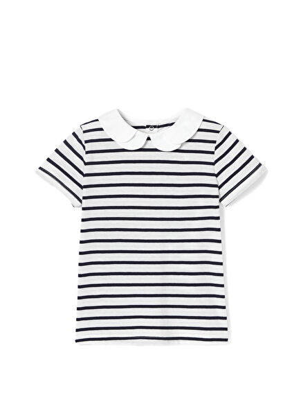 Beyaz Lacivert Kız Çocuk Poplin Yaka Breton T-shirt