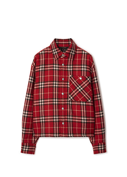 Lny25 Giu Kırmızı Overshirt Uzun Kollu Kadın Yün Mont
