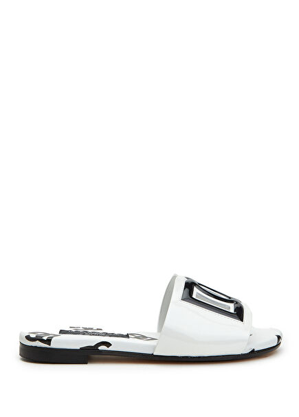 Siyah Beyaz Logolu Kız Çocuk Deri Terlik