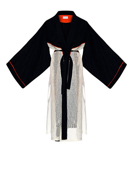 Keops Contrast Piping Detailed Linen Blend Navy Blue Women's Kimono