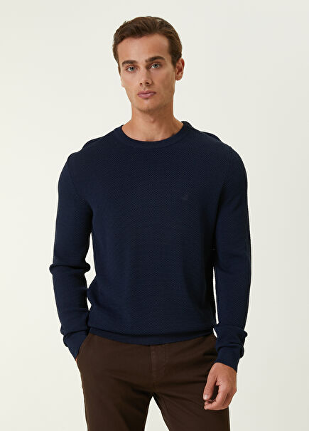Navy Blue Honeycomb Knit Textured Sweater