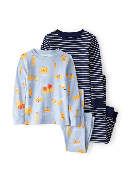 Desenli Mavi Erkek Çocuk 4'lü Pijama Takımı