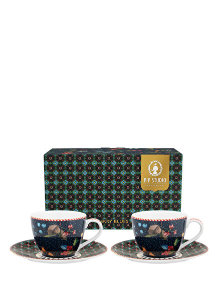 Berry Blues Blue Patterned Porcelain Set of 2 Coffee Cups and Saucers