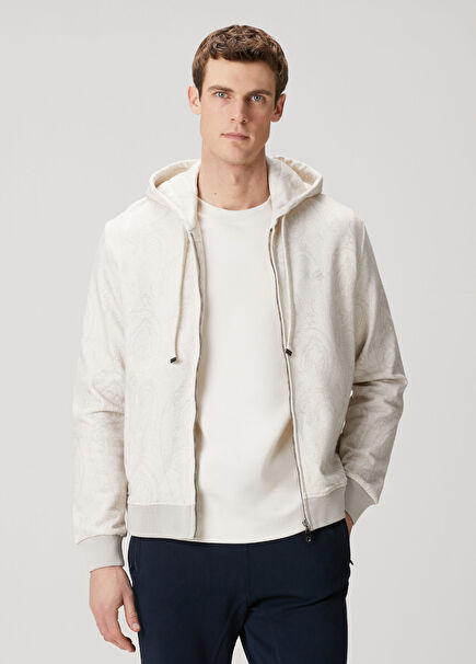 Ecru Hooded Ethnic Print Sweatshirt