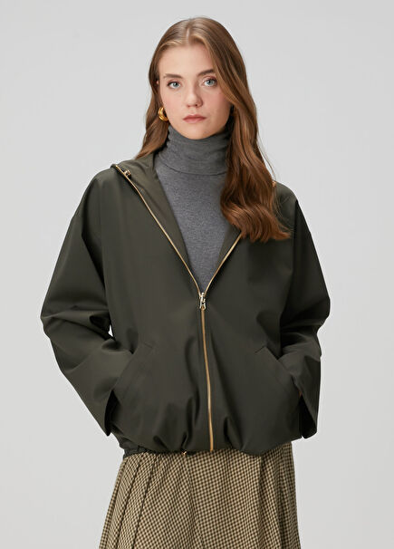 Haki Kapüşonlu Yün Karışımlı Mont