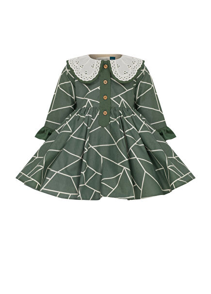 Bollarine Yeşil Dantel Yaka Yarım Düğme Uzun Kollu Kız Çocuk Elbise