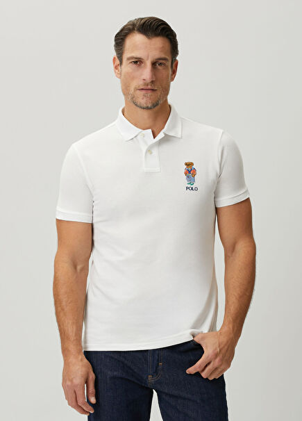 Beyaz Polo Yaka Logo Nakışlı T-shirt
