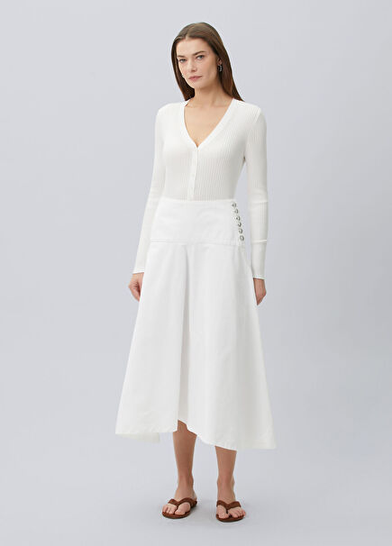 Beyaz Düğme Detaylı Midi Denim Etek