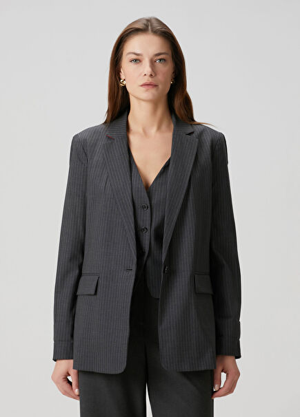 Jennifer Two in One Koyu Gri Çizgili Yün Blazer