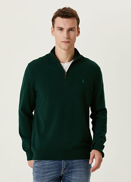 Koyu Yeşil Yakası Fermuarlı Kazak