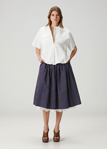 Navy Blue Striped Midi Skirt