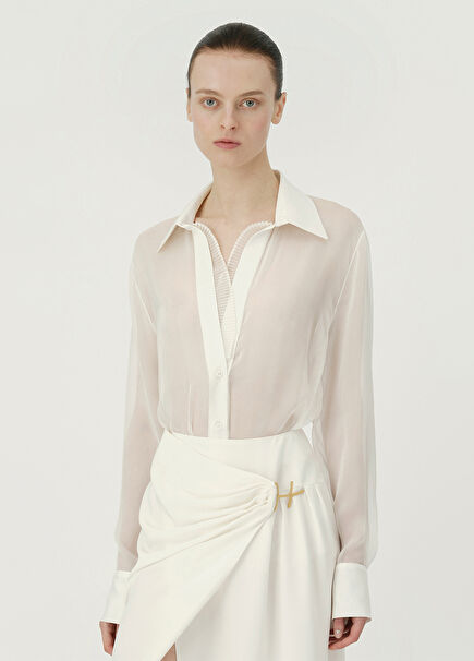 Cindy White Silk Chiffon Long Sleeve Women's Shirt