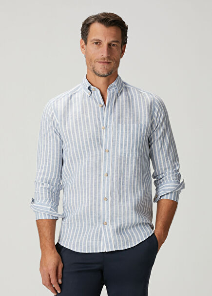 Blue Stripe Patterned Linen Shirt
