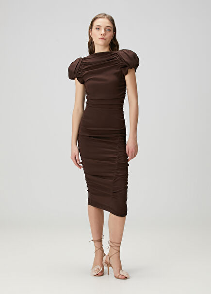 Brown Gathered Midi Silk Cocktail Dress
