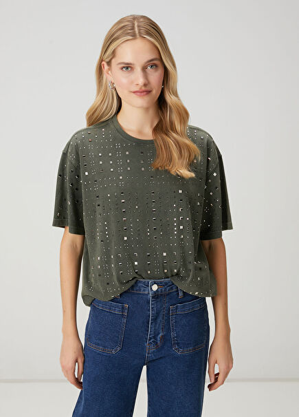 Haki Hotfix Detaylı Bol T-shirt