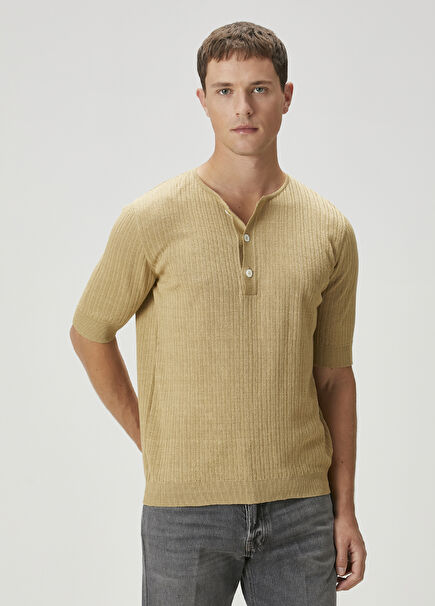Beige Collar Buttons Short-Sleeved Linen Sweater