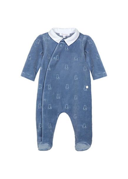 Blue Cotton Long Sleeve Baby Boy Booties Jumpsuit