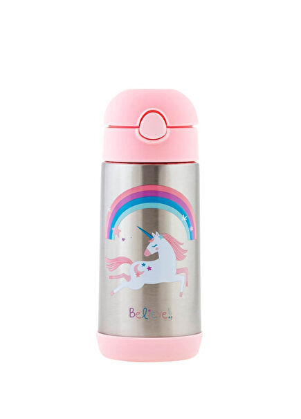 Unicorn Desenli Çelik Kapaklı Pipetli Kız Çocuk Suluk