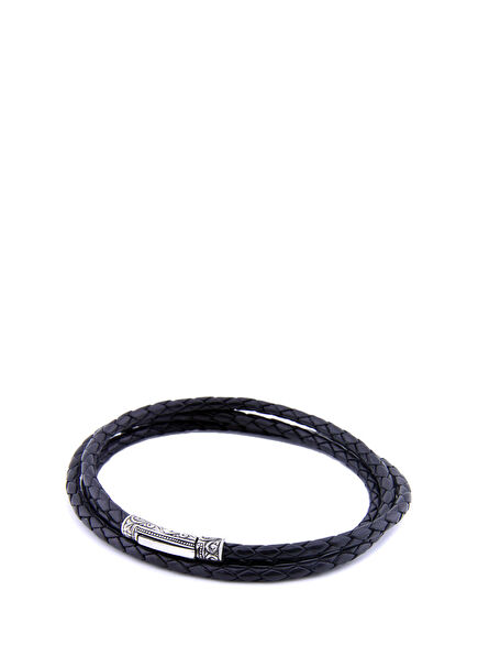 Single Lock Black Mens Silver Bracelet