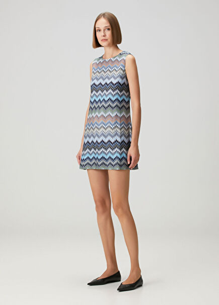Mavi Zikzak Desenli Mini Elbise