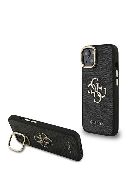 iPhone 15 PU Deri Kamera Standlı Metal Büyük 4G Yazı Logolu Siyah Telefon Kılıfı