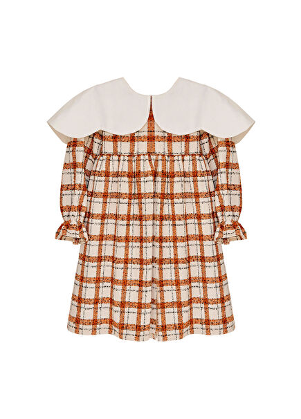 Checkered Big Neckline Long Sleeve Girls's Dress
