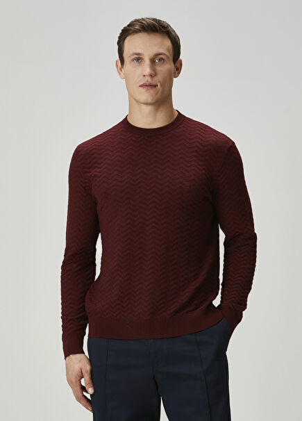 Bordo Zikzak Jakarlı Yün Kazak