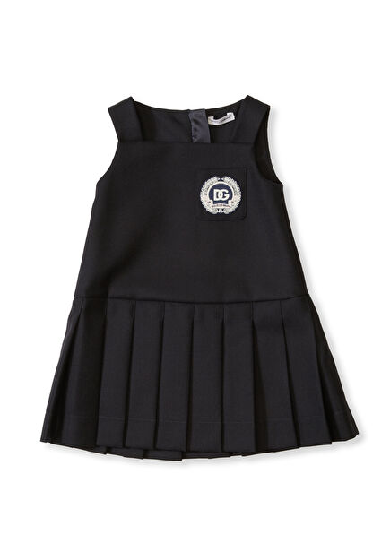 Navy Blue Logo Patched Girls Wool Dress