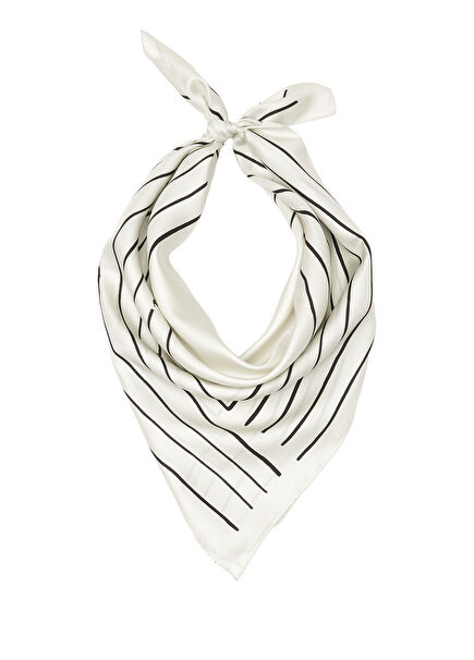 Kırık Beyaz Dalgalı Çizgili İpek Eşarp
