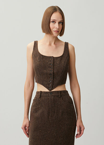 Brown Tweed Textured Wool Blouse