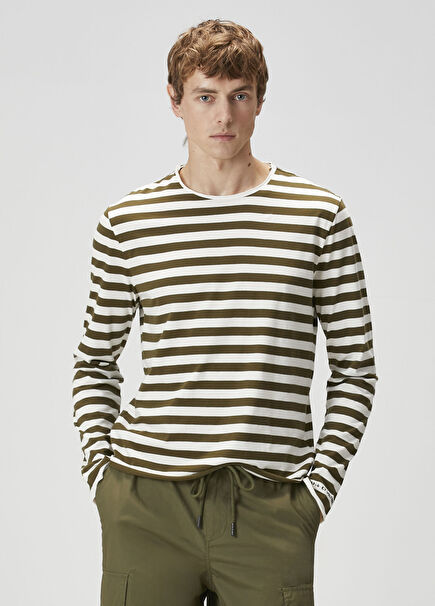 Timo Yeşil Bej Çizgi Desenli Uzun Kollu T-shirt