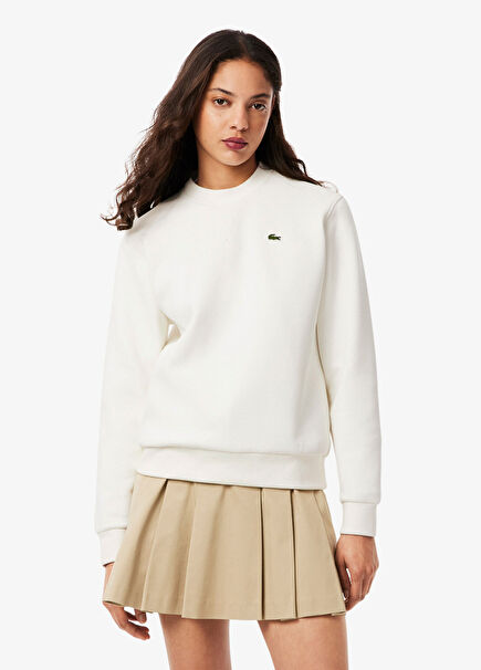 Beyaz Relaxed Fit Bisiklet Yaka Uzun Kollu Kadın Sweatshirt